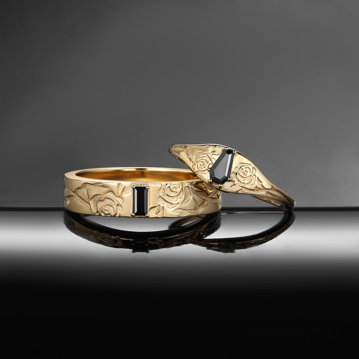 'Thorns & Roses'- Nature Inspired Gothic Coffin Cut & Rectangular Cut Black Moissanite  Couple Rings