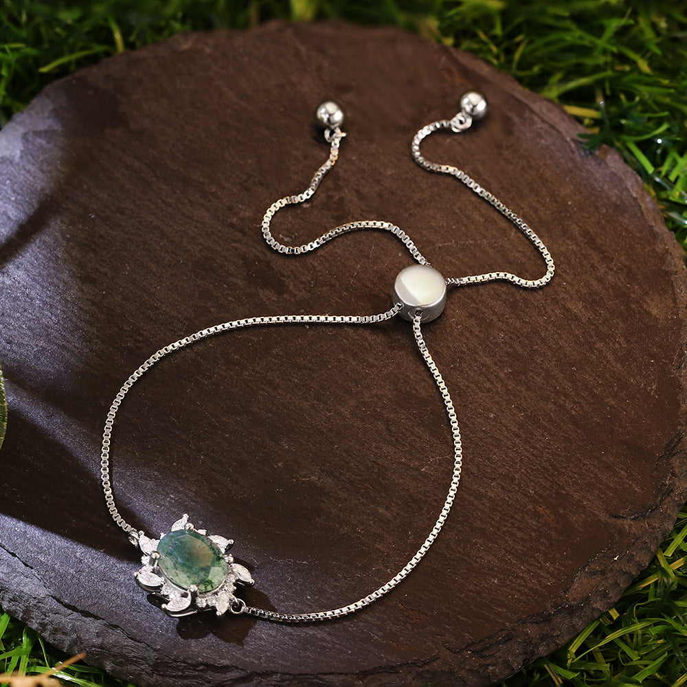 Floral Halo 7x9mm Oval Cut Natural Moss Agate Bracelet