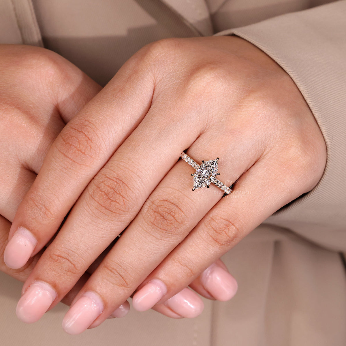 Dutch Marquise Engagement Ring with Round Cut Pave Band