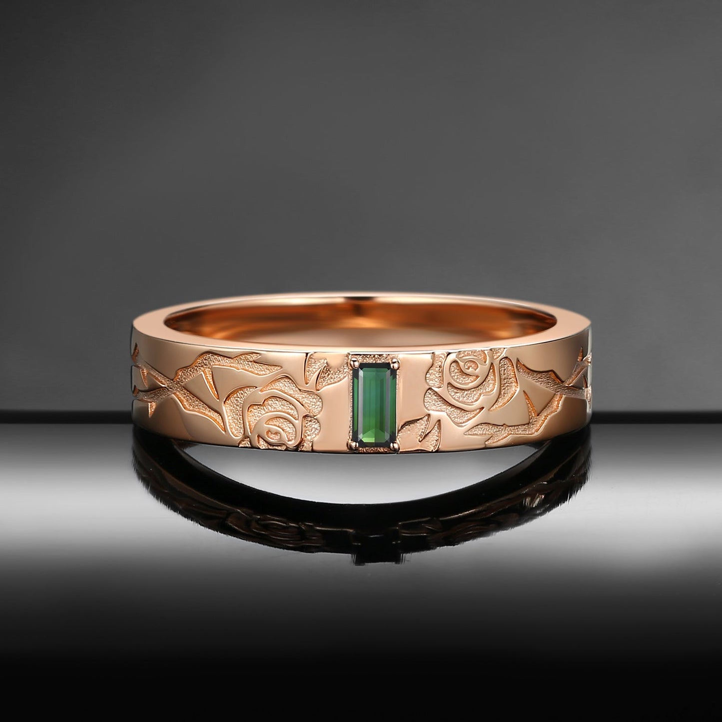 Vintage Inspired Rectangular Natural Verdelite 'Thorns & Roses' Filigree Men's Band - Everlasting Love