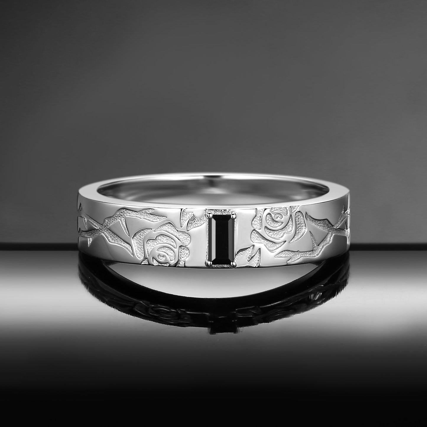 Vintage Inspired Rectangular Black Moissanite 'Thorns & Roses' Filigree Men's Band - Everlasting Love