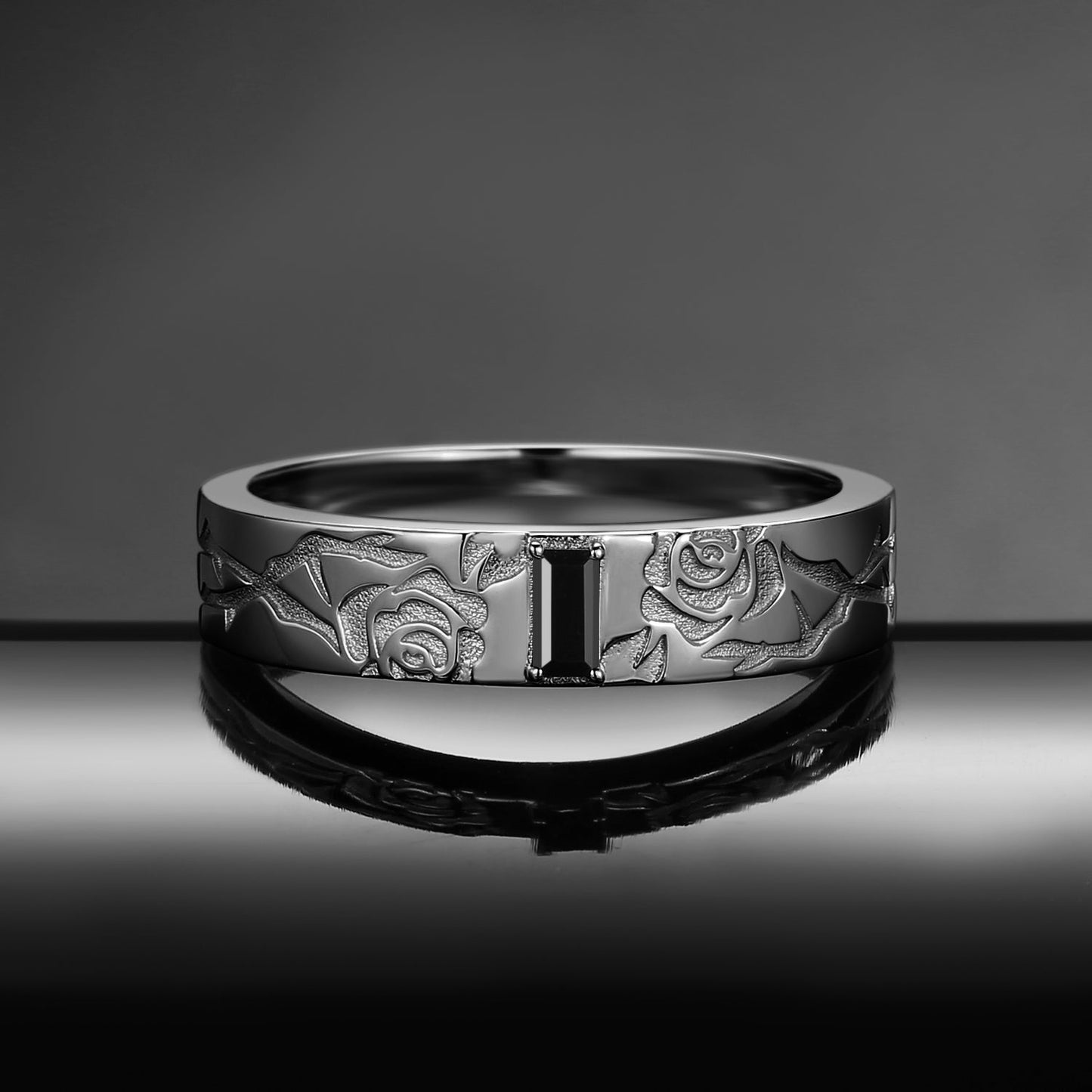 Vintage Inspired Rectangular Black Moissanite 'Thorns & Roses' Filigree Men's Band - Everlasting Love