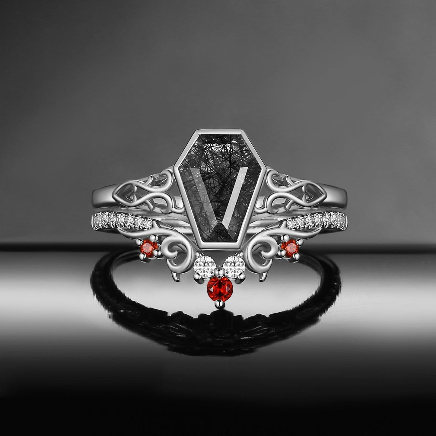 Antique Art Deco Coffin Cut Black Rutilated Quartz 'Thorns & Roses' Engagement Ring Set 2pcs