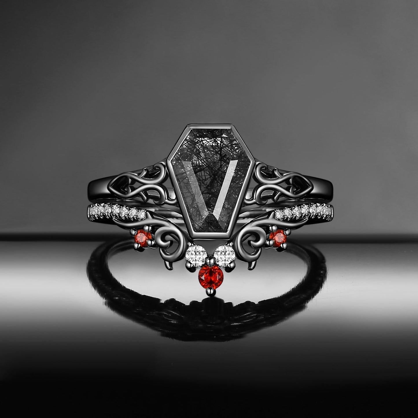 Antique Art Deco Coffin Cut Black Rutilated Quartz 'Thorns & Roses' Engagement Ring Set 2pcs
