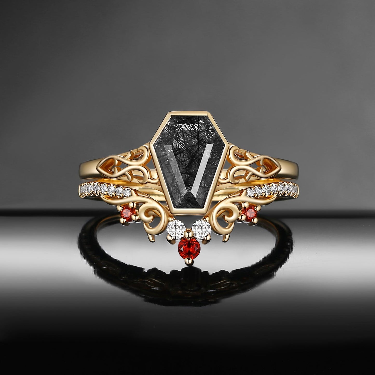 Antique Art Deco Coffin Cut Black Rutilated Quartz 'Thorns & Roses' Engagement Ring Set 2pcs