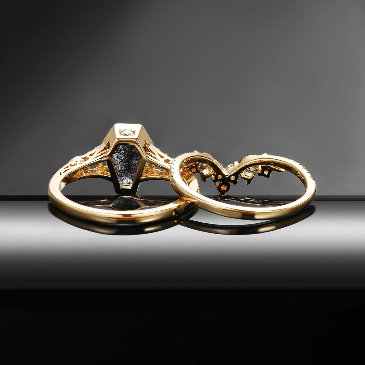 Antique Art Deco Coffin Cut Black Rutilated Quartz 'Thorns & Roses' Engagement Ring Set 2pcs