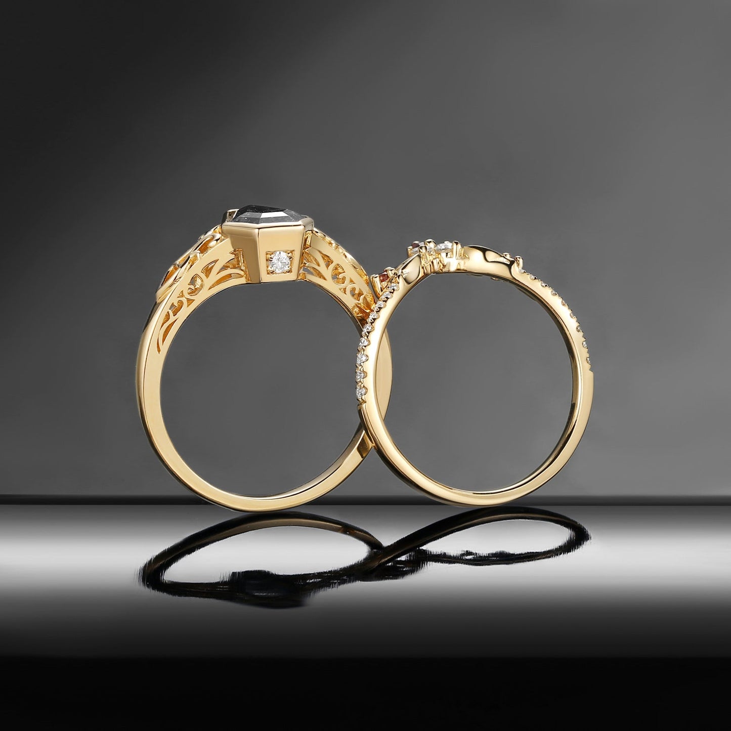 Antique Art Deco Coffin Cut Black Rutilated Quartz 'Thorns & Roses' Engagement Ring Set 2pcs