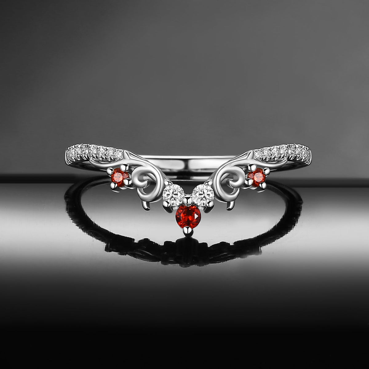 Vintage Inspired Gothic Art Deco Moissanite & Garnet Curved Wedding Band