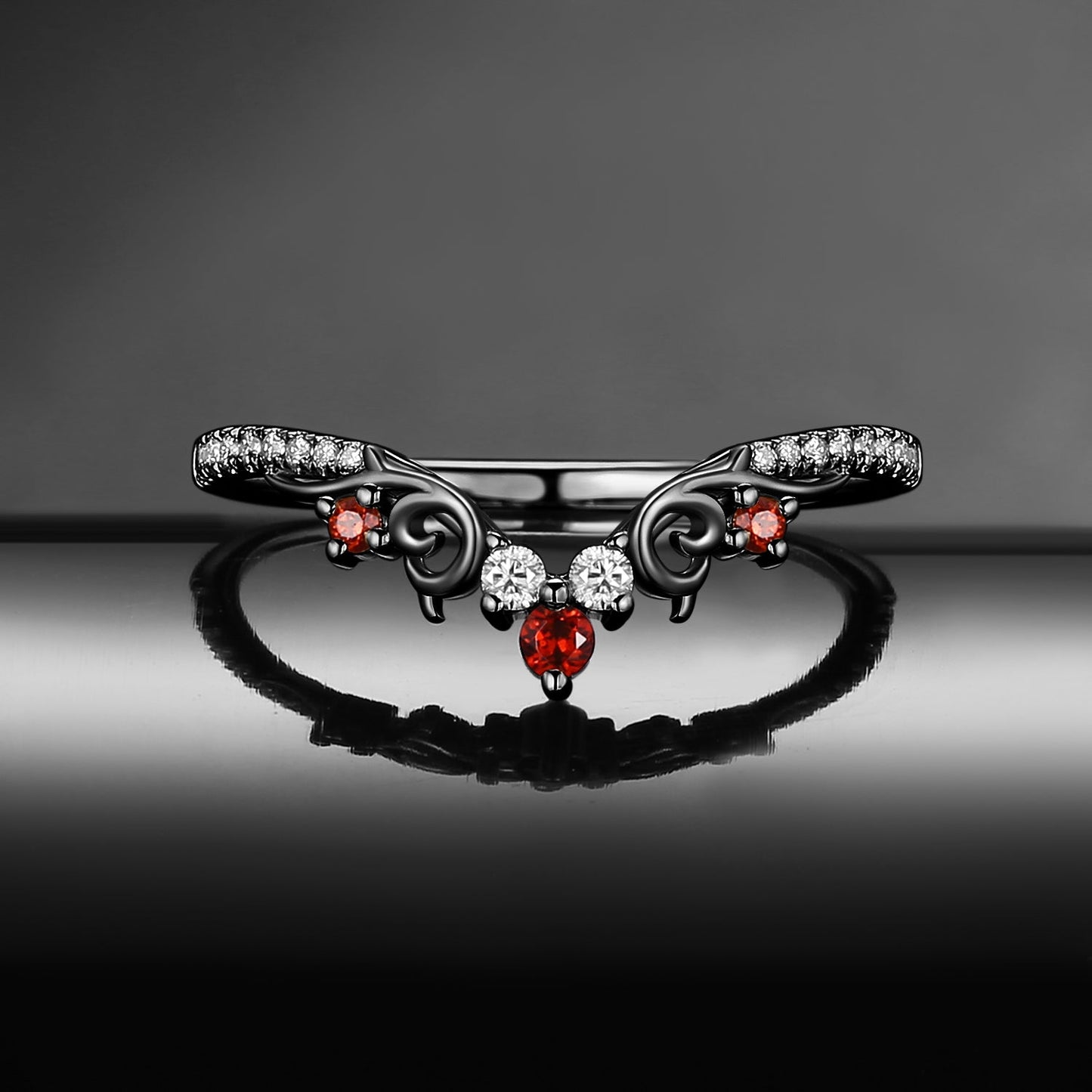 Vintage Inspired Gothic Art Deco Moissanite & Garnet Curved Wedding Band