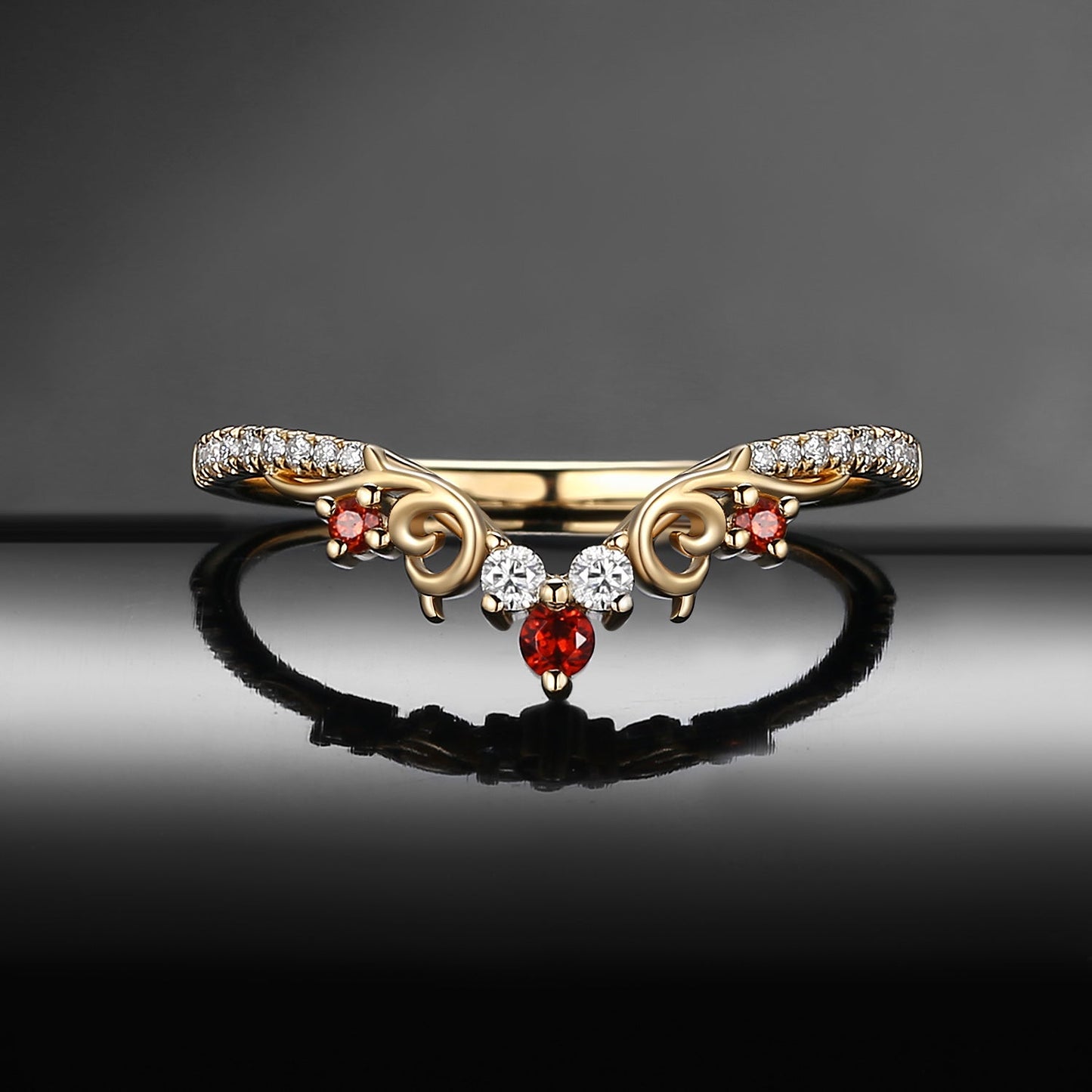 Vintage Inspired Gothic Art Deco Moissanite & Garnet Curved Wedding Band