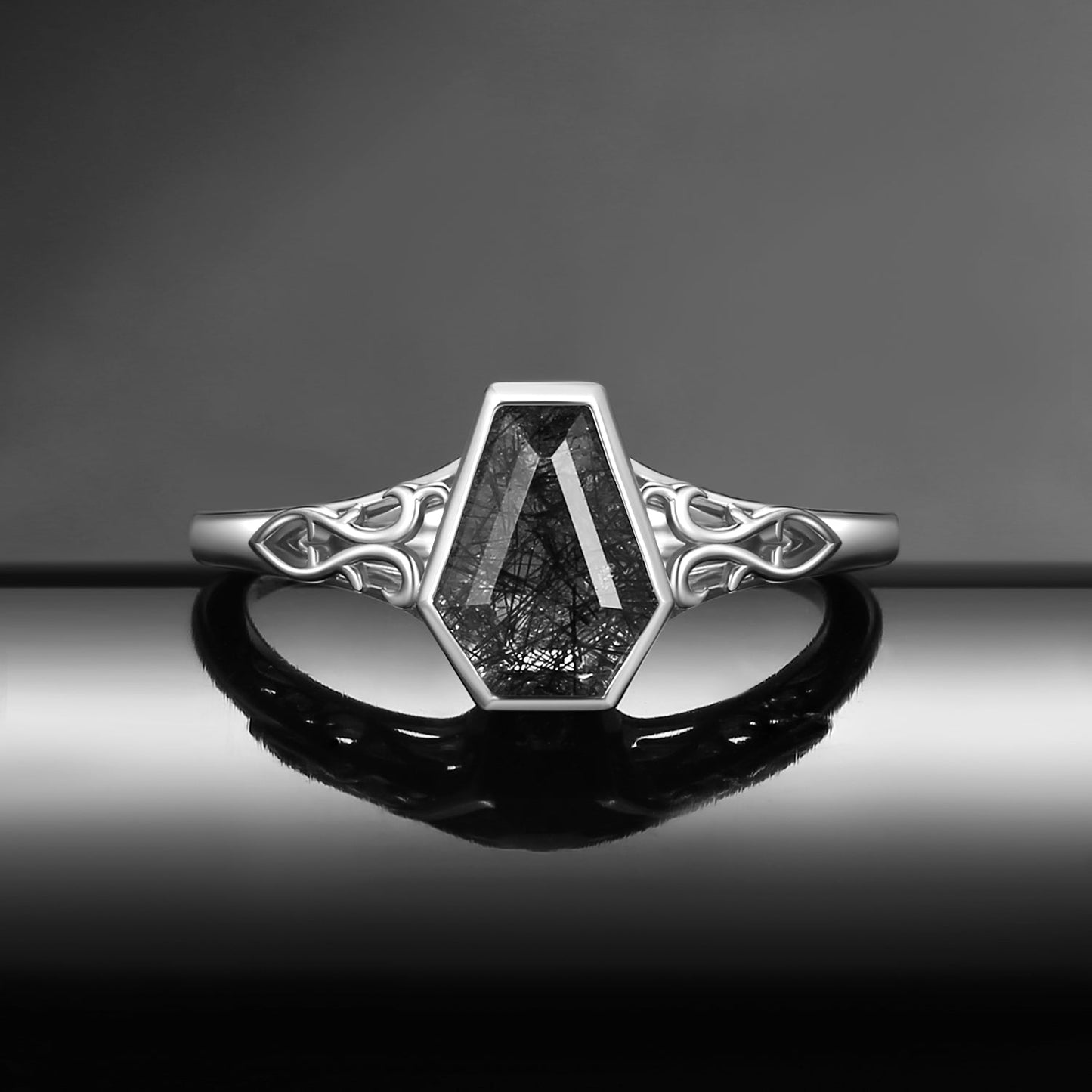 Vintage Inspired Coffin Cut Black Rutilated Quartz 'Thorns & Roses' Engagement Ring