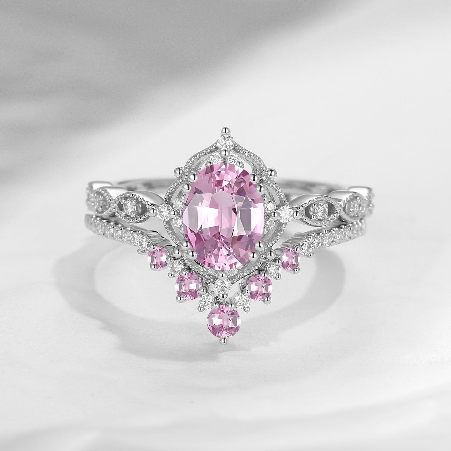 Antique Oval Natural Spinel Classic Vintage Engagement Ring Bridal Set 2pcs