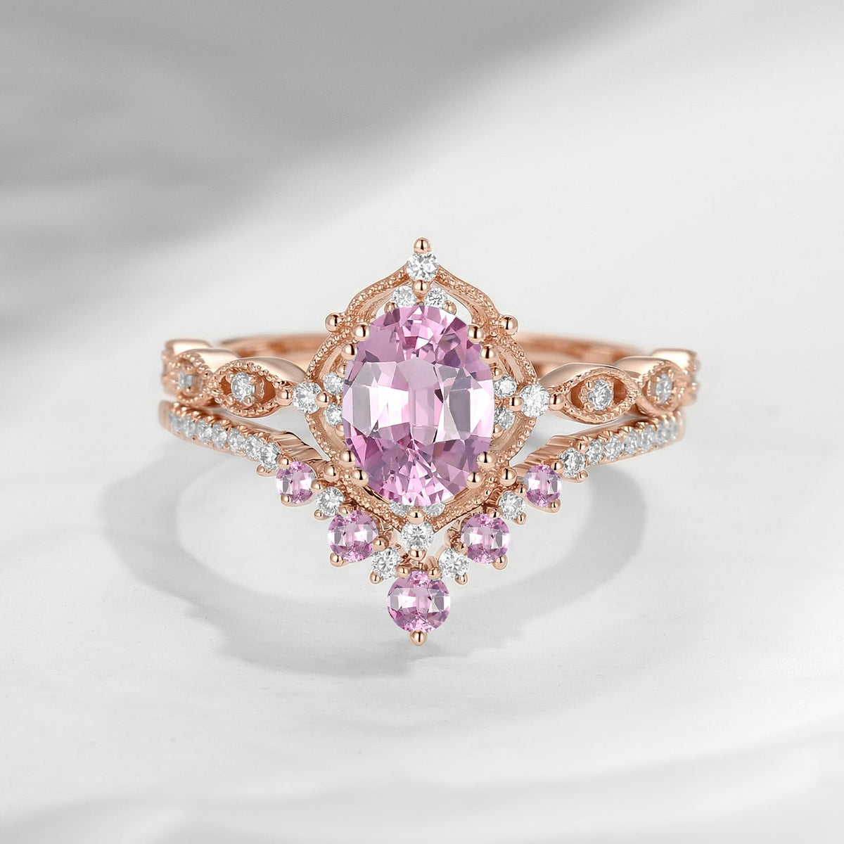 Antique Oval Natural Spinel Classic Vintage Engagement Ring Bridal Set 2pcs
