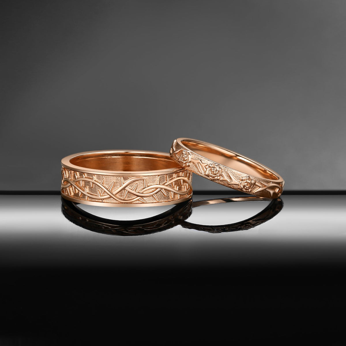 'Thorns & Roses' Filigrees Engagement Ring Band Set 2pcs