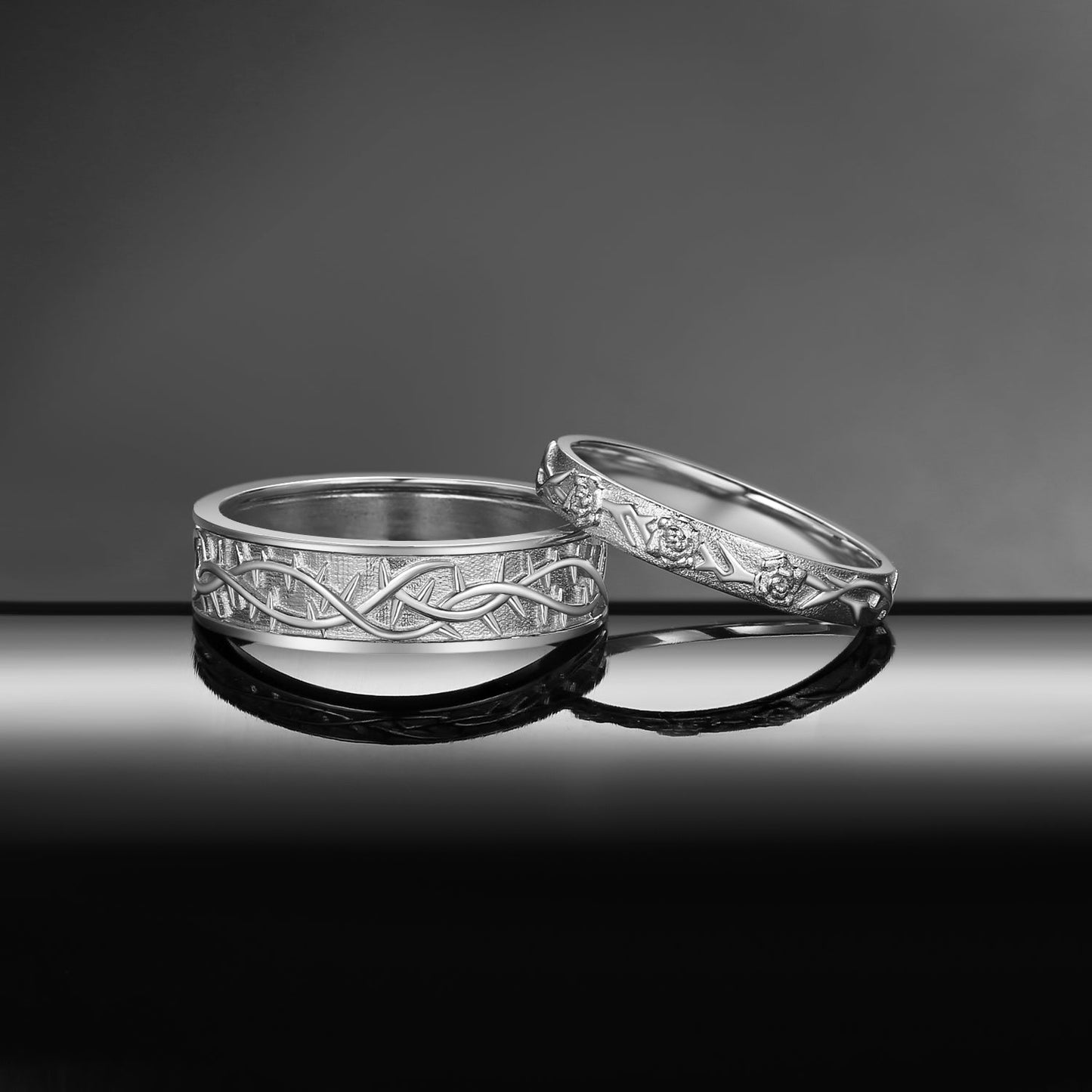'Thorns & Roses' Filigrees Engagement Ring Band Set 2pcs