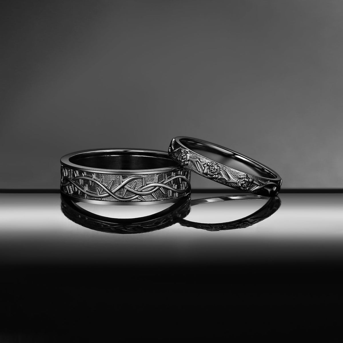 'Thorns & Roses' Filigrees Engagement Ring Band Set 2pcs