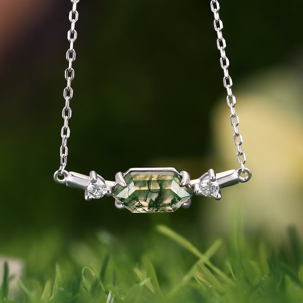 5x10mm Hexagon Cut Moss Agate Nature Inspired Pendant Necklace
