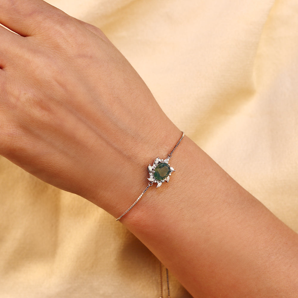 Floral Halo 7x9mm Oval Cut Natural Moss Agate Bracelet