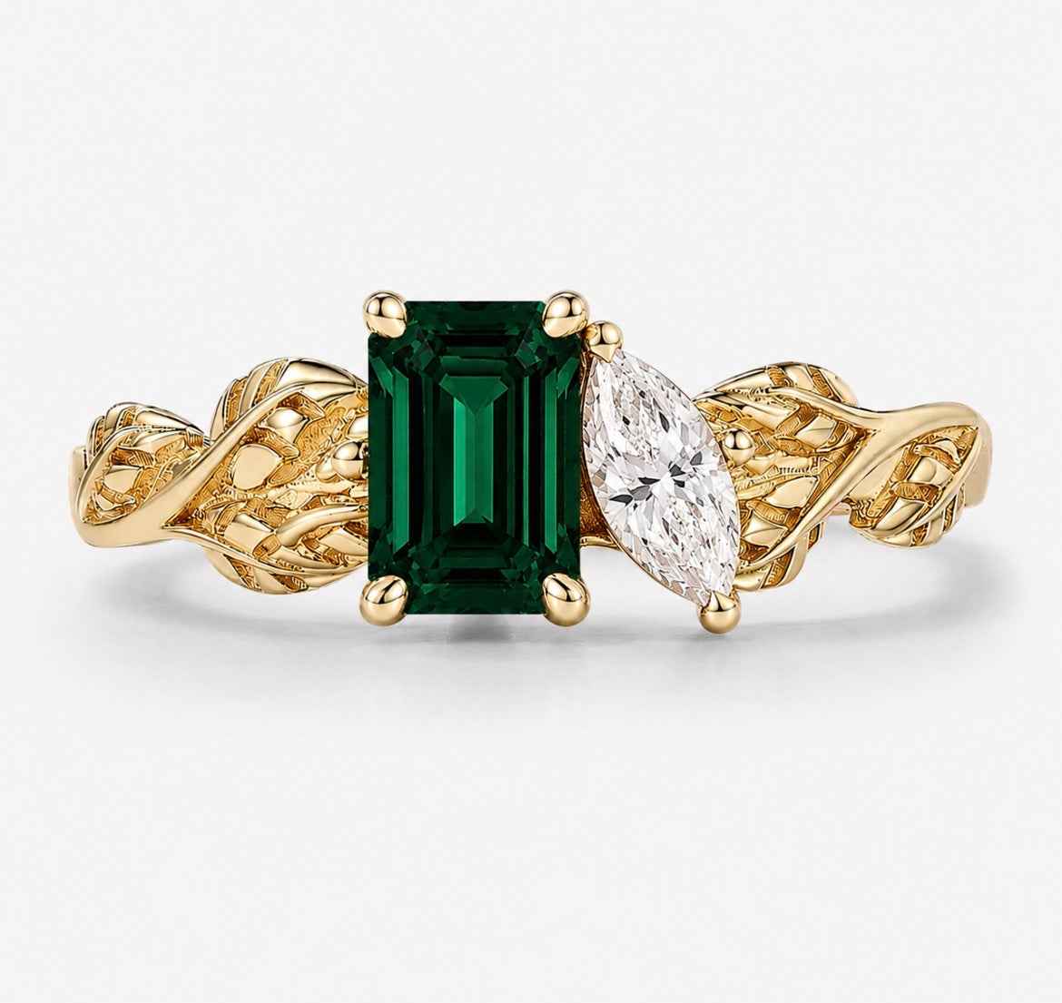Custom Nature Inspired Leaf 2-Stone Toi et Moi Engagement Ring For Nephi