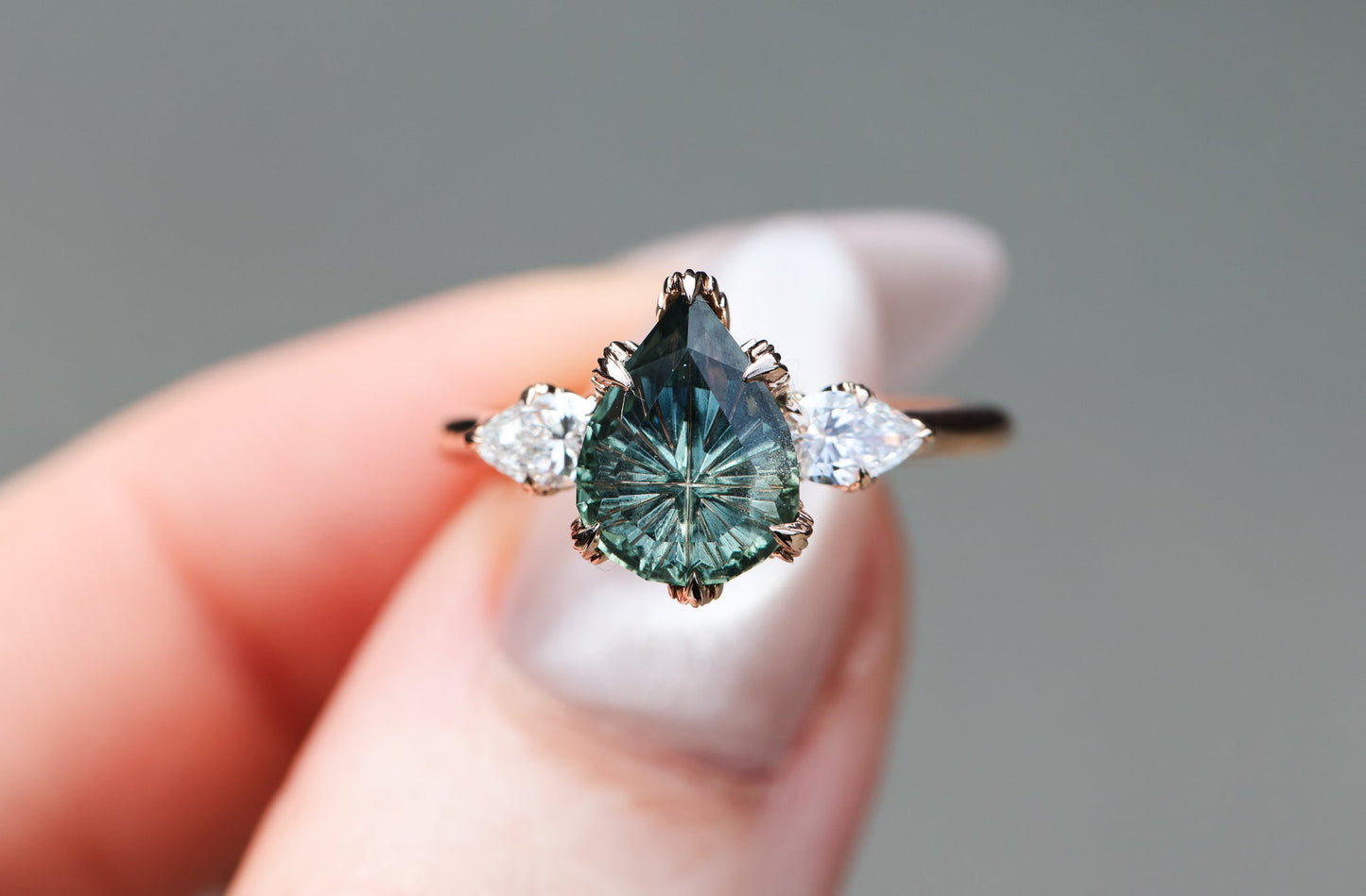 Ready to ship, Size 7 14k rose, Viridian Three Stone