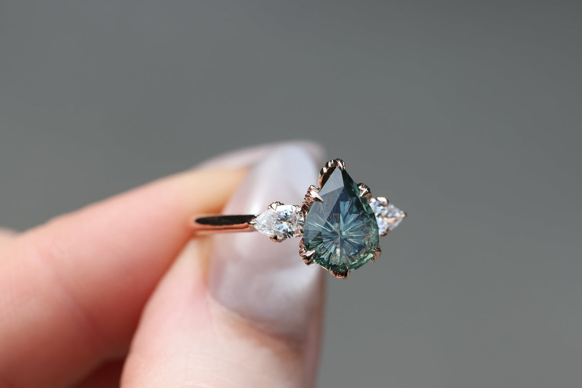 Ready to ship, Size 7 14k rose, Viridian Three Stone