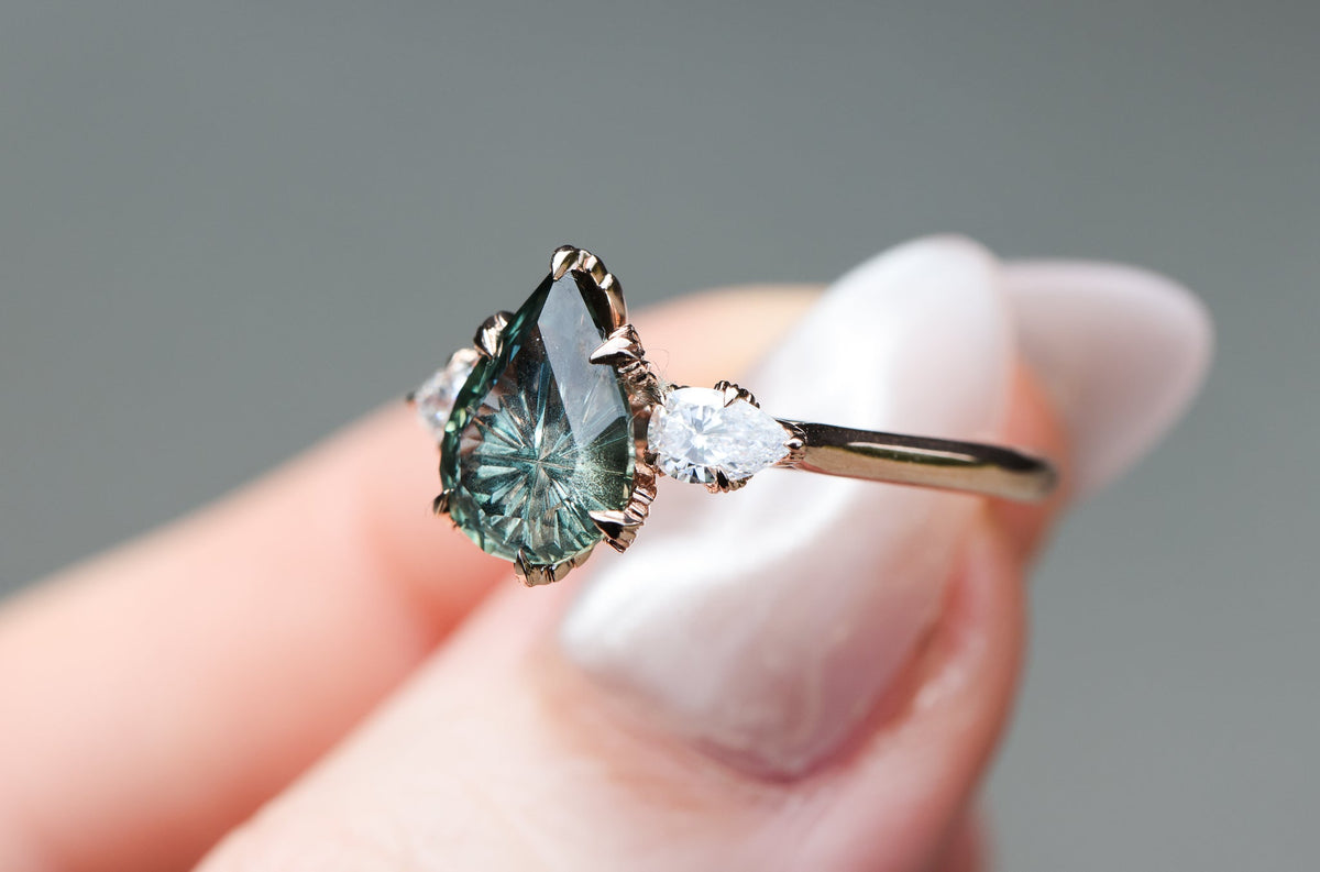 Ready to ship, Size 7 14k rose, Viridian Three Stone