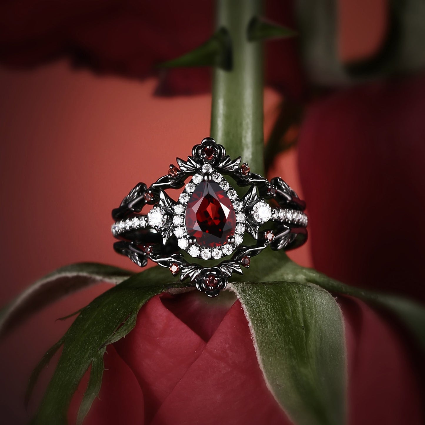 Nature Inspired Pear Cut Garnet 'Thorns & Roses' Halo Engagement Ring Set 3pcs