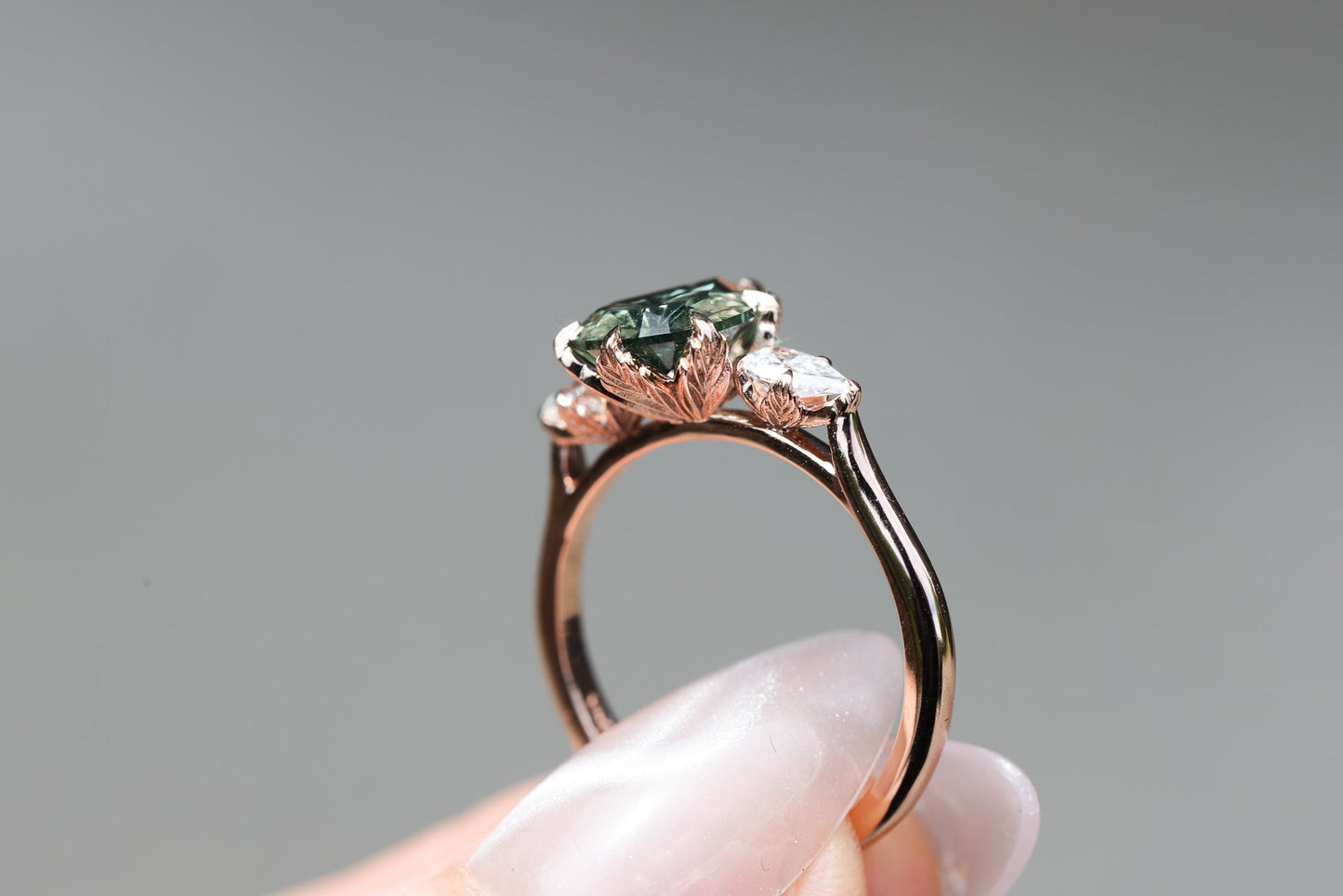 Ready to ship, Size 7 14k rose, Viridian Three Stone