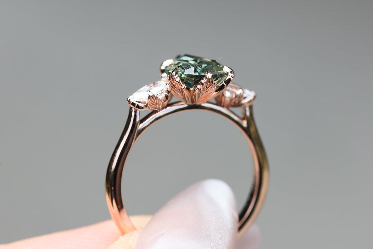 Ready to ship, Size 7 14k rose, Viridian Three Stone