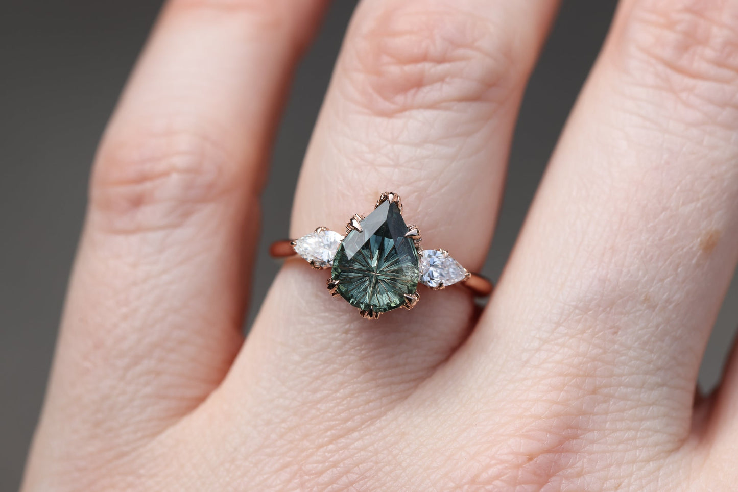 Ready to ship, Size 7 14k rose, Viridian Three Stone