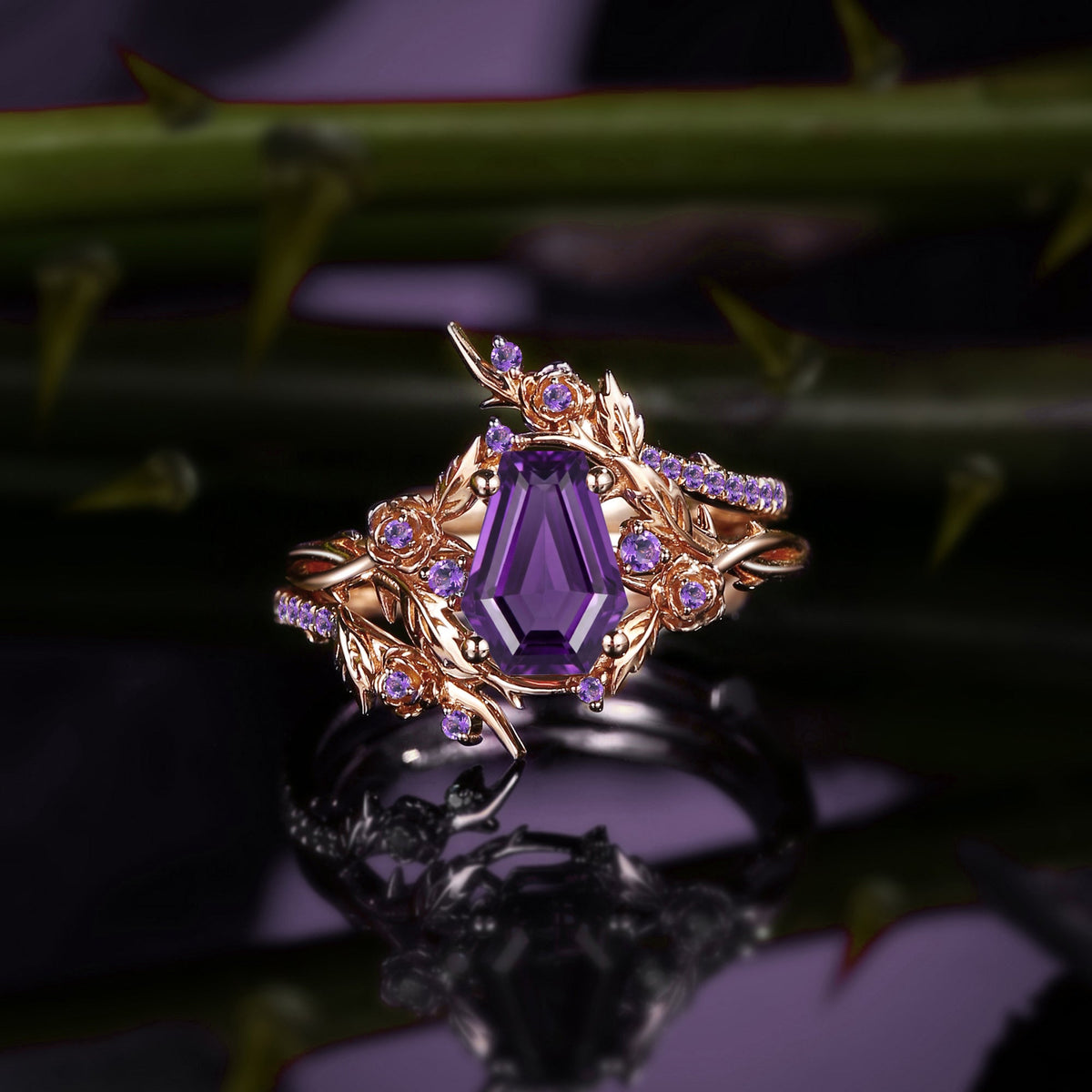 Thorns & Roses - Nature Inspired Coffin Cut Amethyst Twisted Engagement Ring Set with Flower & Vine Inspired Cage Ring Jacket