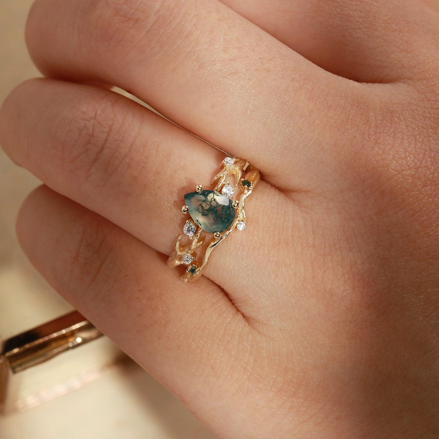 Camellia Pear Cut Moss Agate Branch Leafy Bridal Set 2pcs