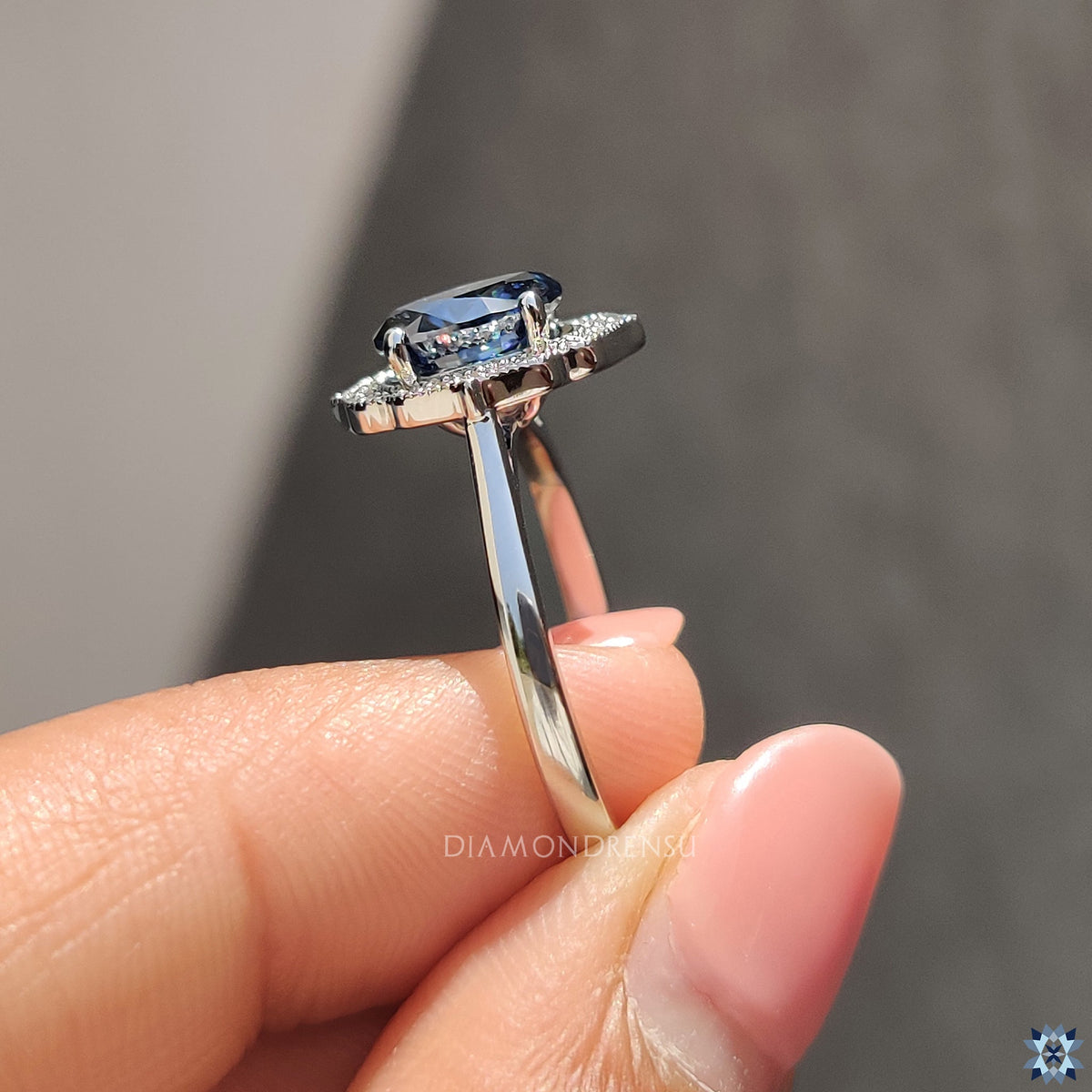 Blue Oval Moissanite Engagement Ring with Milgrain Details