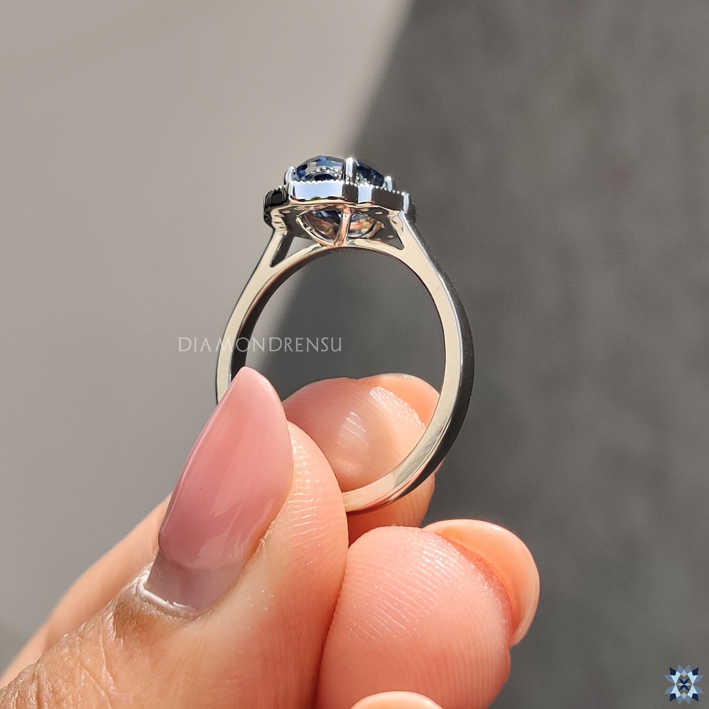 Blue Oval Moissanite Engagement Ring with Milgrain Details