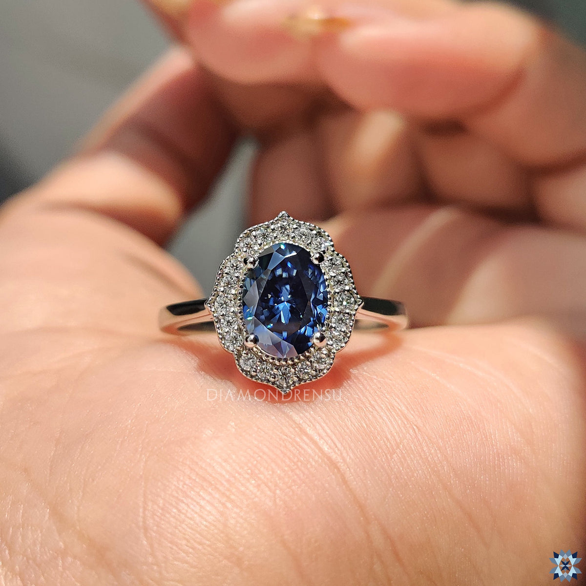 Blue Oval Moissanite Engagement Ring with Milgrain Details