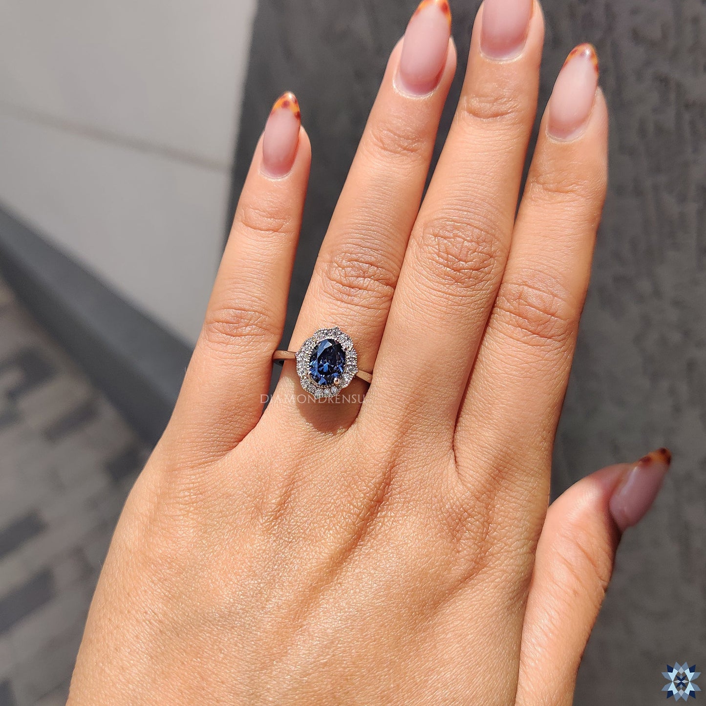 Blue Oval Moissanite Engagement Ring with Milgrain Details