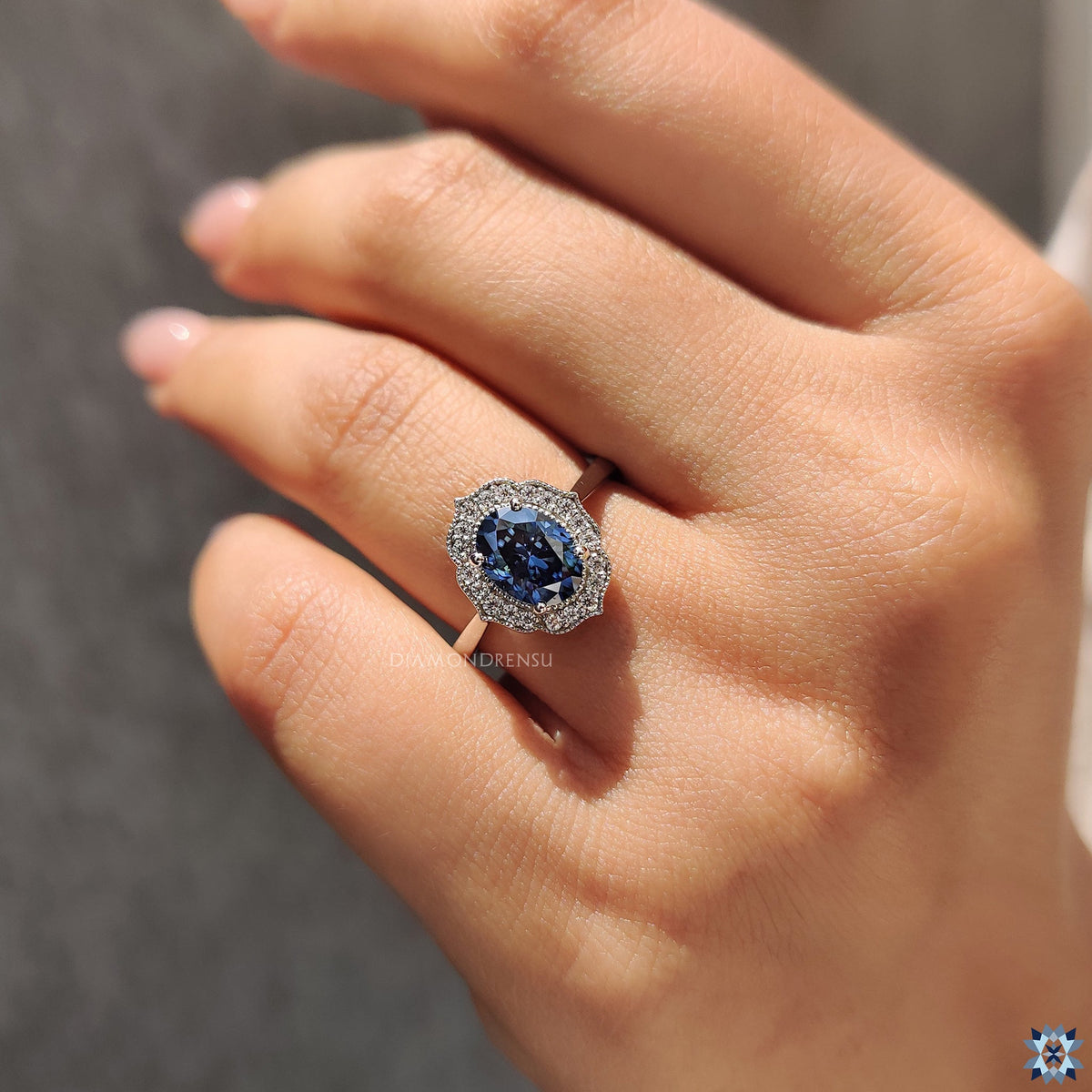 Blue Oval Moissanite Engagement Ring with Milgrain Details