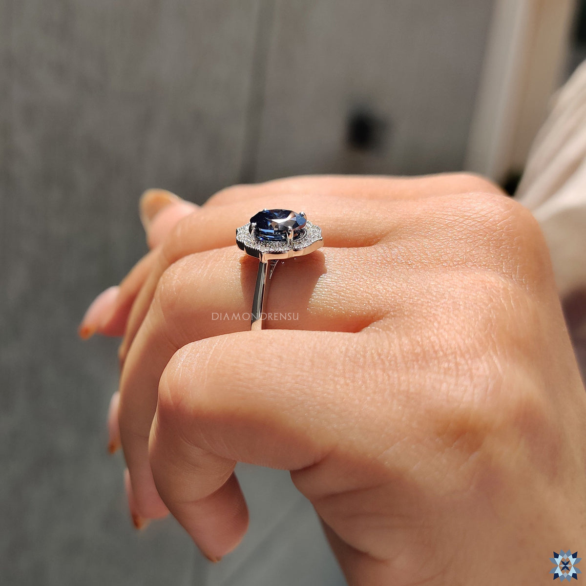 Blue Oval Moissanite Engagement Ring with Milgrain Details