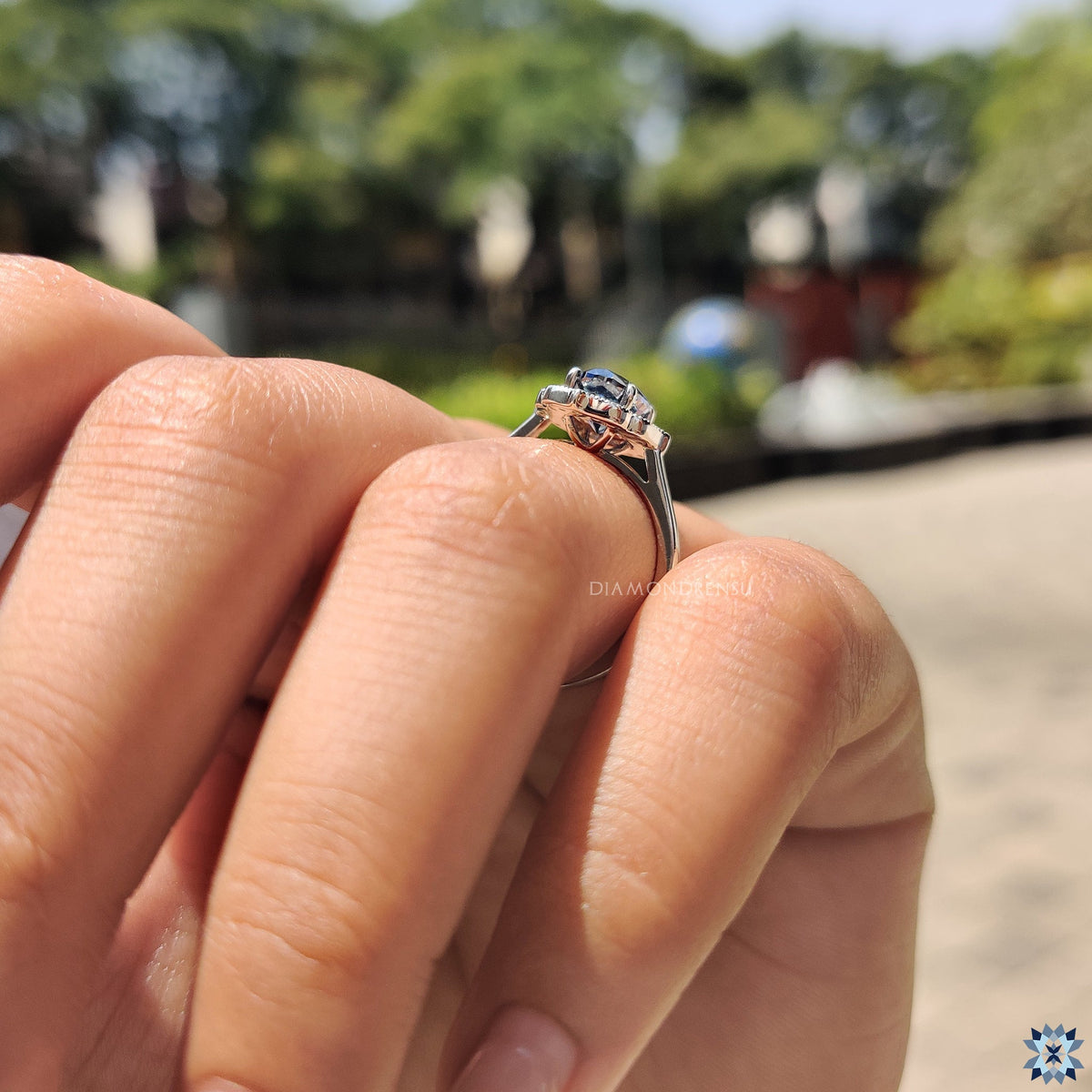 Blue Oval Moissanite Engagement Ring with Milgrain Details