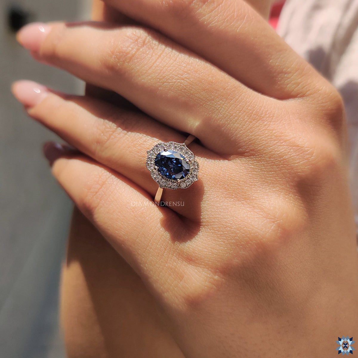 Blue Oval Moissanite Engagement Ring with Milgrain Details