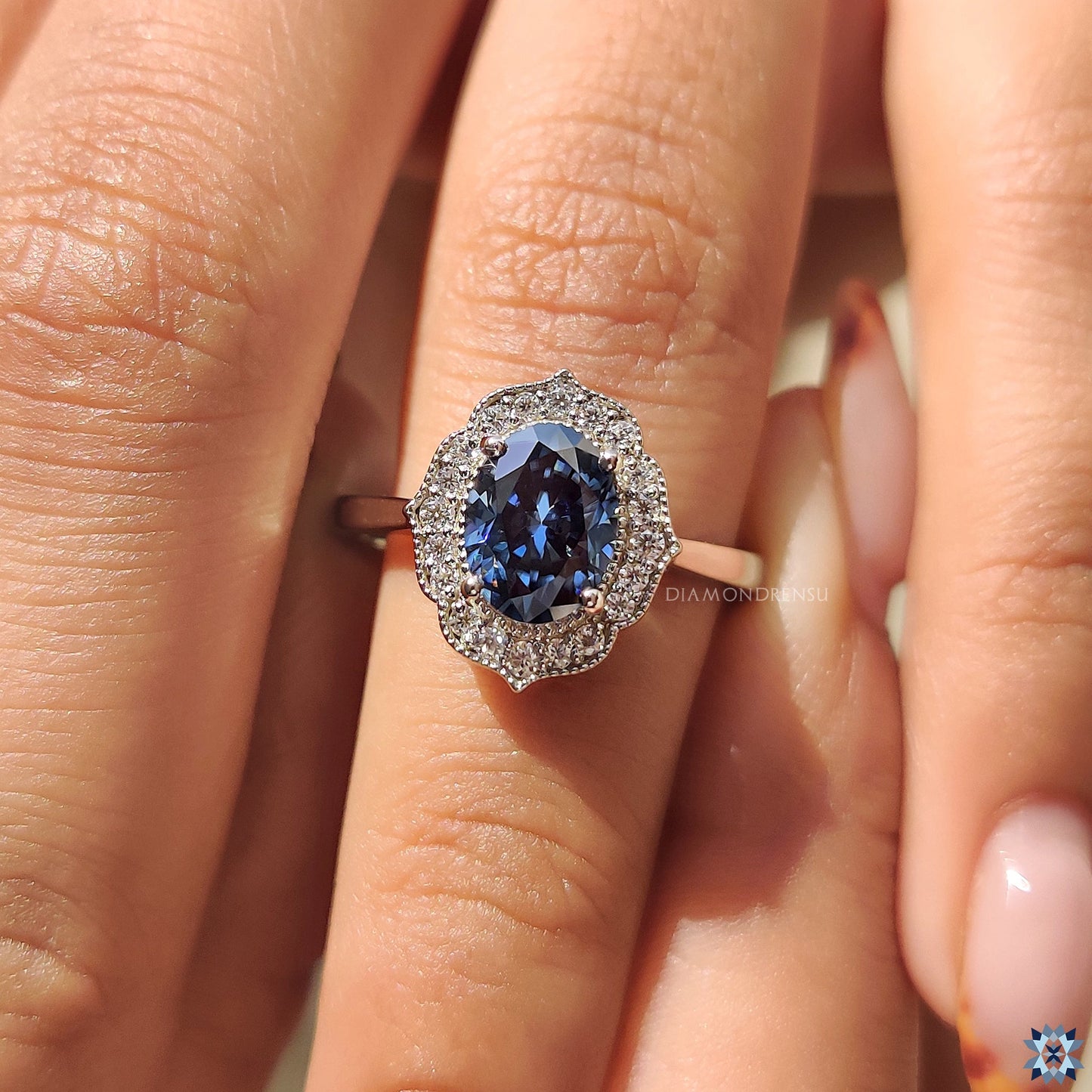 Blue Oval Moissanite Engagement Ring with Milgrain Details