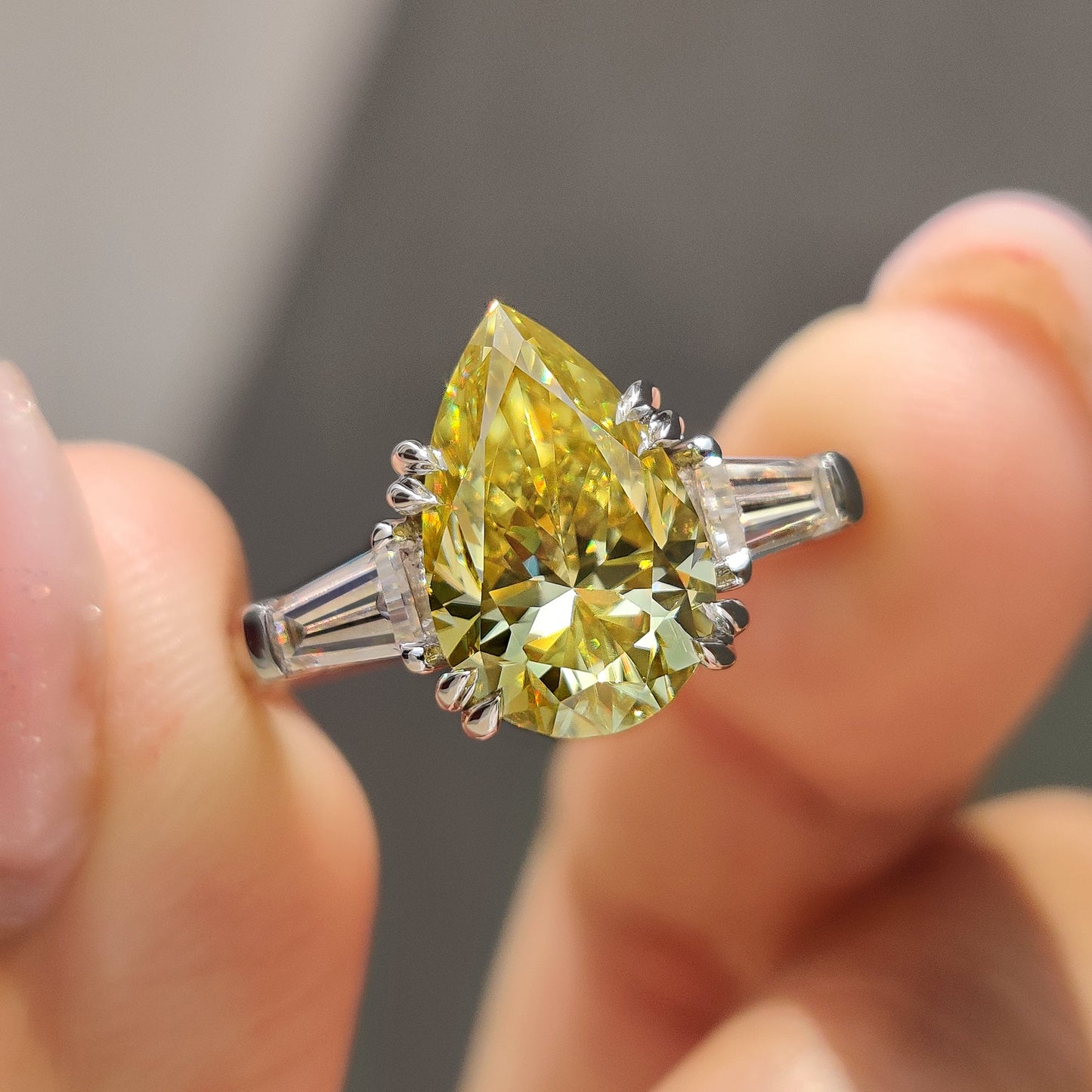 Canary Yellow Pear Moissanite Ring with Double Claw Prong Setting