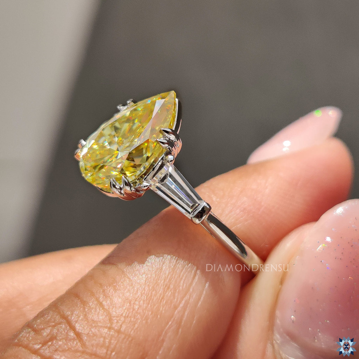 Canary Yellow Pear Moissanite Ring with Double Claw Prong Setting