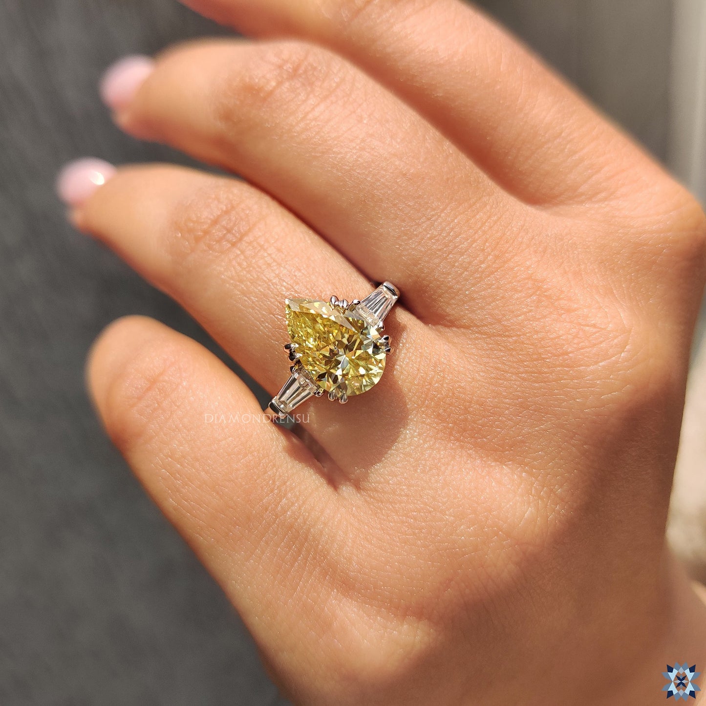 Canary Yellow Pear Moissanite Ring with Double Claw Prong Setting