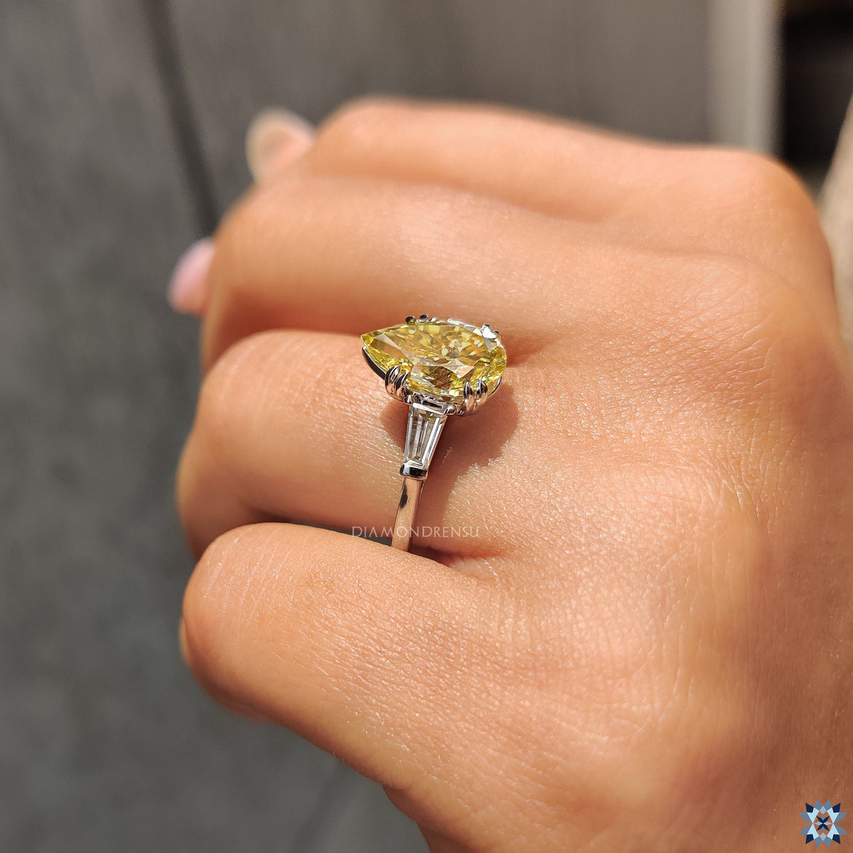 Canary Yellow Pear Moissanite Ring with Double Claw Prong Setting