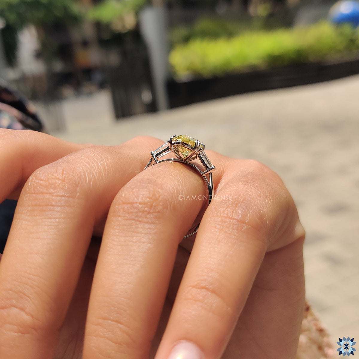 Canary Yellow Pear Moissanite Ring with Double Claw Prong Setting