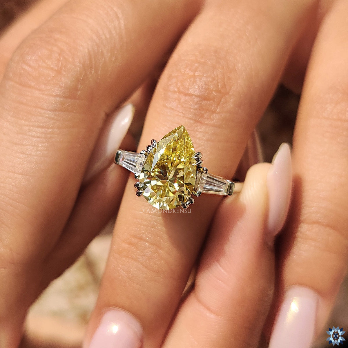 Canary Yellow Pear Moissanite Ring with Double Claw Prong Setting