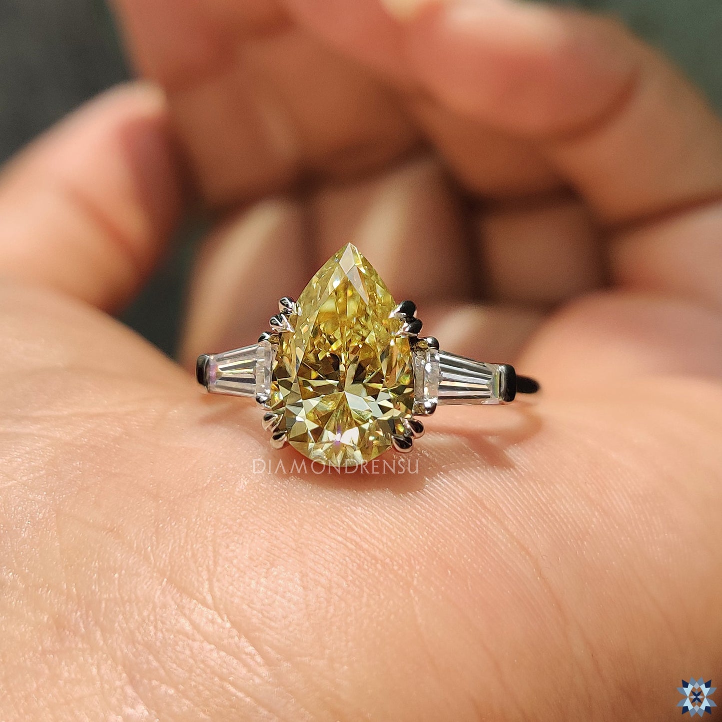 Canary Yellow Pear Moissanite Ring with Double Claw Prong Setting