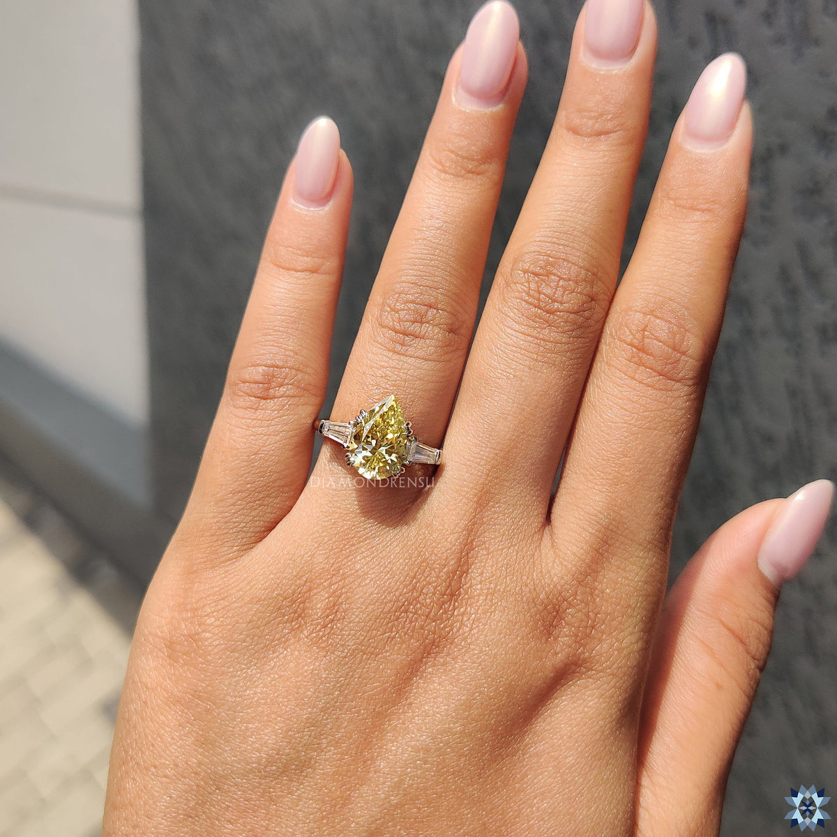 Canary Yellow Pear Moissanite Ring with Double Claw Prong Setting