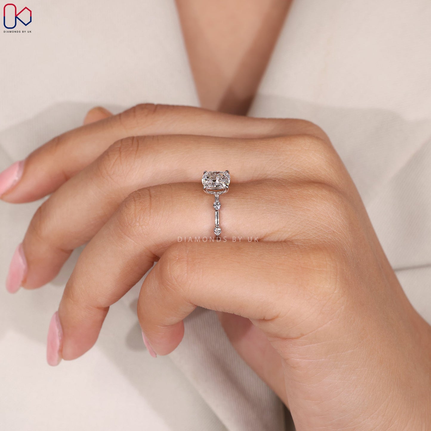 Distance Pave Cushion Cut Diamond Ring